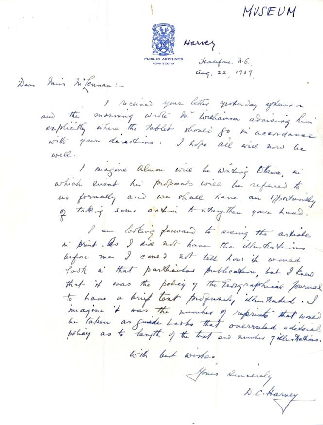 Letter from D.C. Harvey to Katharine McLennan